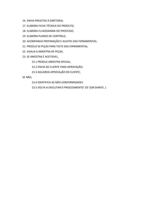 16. ENVIA PROJETOS À DIRETORIA;
17. ELABORA FICHA TÉCNICA DO PRODUTO;
18. ELABORA FLUXOGRAMA DO PROCESSO;
19. ELABORA PLANOS DE CONTROLE;
20. ACOMPANHA PREPARAÇÃO E AJUSTES DAS FERRAMENTAS;
21. PRODUZ 50 PEÇAS PARA TESTE DAS FERRAMENTAS;
22. AVALIA A AMOSTRA DE PEÇAS;
23. SE AMOSTRA É ACEITÁVEL,
23.1 PRODUZ AMOSTRA OFICIAL;
23.2 ENVIA AO CLIENTE PARA APROVAÇÃO;
23.3 AGUARDA APROVAçÃO DO CLIENTE;
SE NÃO,
23.4 IDENTIFICA AS NÃO-CONFORMIDADES
23.5 VOLTA A EXECUTAR O PROCEDIMENTO ‘20’ (EM DIANTE..)
 