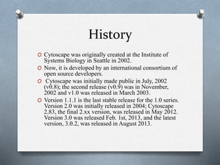 History 
O Cytoscape was originally created at the Institute of 
Systems Biology in Seattle in 2002. 
O Now, it is developed by an international consortium of 
open source developers. 
O Cytoscape was initially made public in July, 2002 
(v0.8); the second release (v0.9) was in November, 
2002 and v1.0 was released in March 2003. 
O Version 1.1.1 is the last stable release for the 1.0 series. 
Version 2.0 was initially released in 2004; Cytoscape 
2.83, the final 2.xx version, was released in May 2012. 
Version 3.0 was released Feb. 1st, 2013, and the latest 
version, 3.0.2, was released in August 2013. 
 