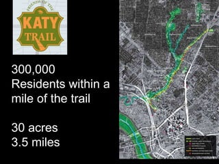 300,000  Residents within a  mile of the trail 30 acres 3.5 miles 