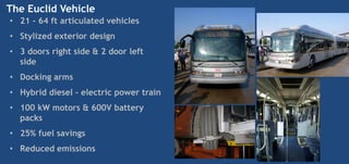 The Euclid Vehicle
• 21 - 64 ft articulated vehicles
• Stylized exterior design
• 3 doors right side & 2 door left
  side
• Docking arms
• Hybrid diesel – electric power train
• 100 kW motors & 600V battery
  packs
• 25% fuel savings
• Reduced emissions
 