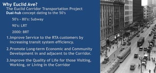 Why Euclid Ave?
 The Euclid Corridor Transportation Project
 Dual-hub concept dating to the 50's
    50's - 80's: Subway
    90's: LRT
    2000: BRT
 1.Improve Service to the RTA customers by
   increasing transit system efficiency.
 2.Promote Long-term Economic and Community
   Development in and adjacent to the Corridor.
 3.Improve the Quality of Life for those Visiting,
   Working, or Living in the Corridor
 