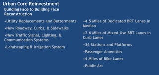 Urban Core Reinvestment
Building Face to Building Face
Reconstruction
•Utility Replacements and Betterments   •4.5 Miles of Dedicated BRT Lanes in
                                        Median
•New Roadway, Curbs, & Sidewalks
                                        •2.6 Miles of Mixed-Use BRT Lanes in
•New Traffic Signal, Lighting, &
                                        Curb Lanes
Communication Systems
                                        •36 Stations and Platforms
•Landscaping & Irrigation System
                                        •Passenger Amenities
                                        •4 Miles of Bike Lanes
                                        •Public Art
 