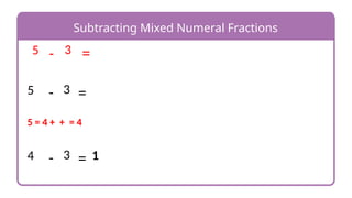 Subtracting Mixed Numeral Fractions
5 3
- =
5 = 4 + + = 4
-
5 3 =
4 3
- = 1
 