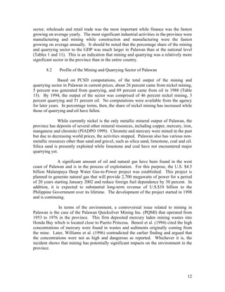 sector, wholesale and retail trade was the most important while finance was the fastest
growing on average yearly. The most significant industrial activities in the province were
manufacturing and mining while construction and manufacturing were the fastest
growing on average annually. It should be noted that the percentage share of the mining
and quarrying sector to the GDP was much larger in Palawan than at the national level
(Tables 1 and 11). This is an indication that mining and quarrying was a relatively more
significant sector in the province than in the entire country.

       8.2     Profile of the Mining and Quarrying Sector of Palawan

               Based on PCSD computations, of the total output of the mining and
quarrying sector in Palawan in current prices, about 26 percent came from nickel mining,
5 percent was generated from quarrying, and 69 percent came from oil in 1988 (Table
13). By 1994, the output of the sector was comprised of 46 percent nickel mining, 3
percent quarrying and 51 percent oil. No computations were available from the agency
for later years. In percentage terms, then, the share of nickel mining has increased while
those of quarrying and oil have fallen.

              While currently nickel is the only metallic mineral output of Palawan, the
province has deposits of several other mineral resources, including copper, mercury, iron,
manganese and chromite (PIADPO 1999). Chromite and mercury were mined in the past
but due to decreasing world prices, the activities stopped. Palawan also has various non-
metallic resources other than sand and gravel, such as silica sand, limestone, coal and oil.
Silica sand is presently exploited while limestone and coal have not encountered major
quarrying yet.

              A significant amount of oil and natural gas have been found in the west
coast of Palawan and is in the process of exploitation. For this purpose, the U.S. $4.5
billion Malampaya Deep Water Gas-to-Power project was established. This project is
planned to generate natural gas that will provide 2,700 megawatts of power for a period
of 20 years starting January 2002 and reduce foreign fuel dependence by 30 percent. In
addition, it is expected to substantial long-term revenue of U.S.$10 billion to the
Philippine Government over its lifetime. The development of the project started in 1998
and is continuing.

              In terms of the environment, a controversial issue related to mining in
Palawan is the case of the Palawan Quicksilver Mining Inc. (PQMI) that operated from
1953 to 1976 in the province. This firm deposited mercury laden mining wastes into
Honda Bay which is located close to Puerto Princesa. Benoit et al. (1994) cited the high
concentrations of mercury were found in wastes and sediments originally coming from
the mine. Later, Williams et al. (1996) contradicted the earlier finding and argued that
the concentrations were not as high and dangerous as reported. Whichever it is, the
incident shows that mining has potentially significant impacts on the environment in the
province.




                                                                                         12
 