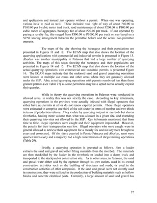 and application and instead just operate without a permit. When one was operating,
various have to paid as well. These included road right of way of about P80.00 to
P100.00 per 6 cubic meter load truck, road maintenance of about P200.00 to P100.00 per
cubic meter of aggregates, barangay fee of about P20.00 per truck. If one operated by
paying a royalty fee, this ranged from P300.00 to P1000.00 per truck or was based on a
50:50 sharing arrangement between the permittee holder and the actual non-permittee
operator.

                The maps of the city showing the barangays and their populations are
presented in Figures 11 and 12. The ECAN map that also shows the location of the
quarrying applications with commercial and industrial permits is presented in Figure 13.
Aborlan was another municipality in Palawan that had a large number of quarrying
activities. The maps of this town showing the barangays and their populations are
presented in Figures 14 and 15. The ECAN map that also shows the location of the
actual quarrying operations with commercial and industrial permits is presented Figure
16. The ECAN maps indicate that the endorsed sand and gravel quarrying operations
were located in multiple use zones and other areas where they are generally allowed
under the SEP. Also, actual quarrying operations with permits numbered less than those
granted permits (see Table 27) as some permittees may have opted not to actually exploit
their quarries.

               While in theory the quarrying operations in Palawan were conducted in
allowed areas, in reality this was not strictly the case. According to key informants,
quarrying operations in the province were actually infested with illegal operators that
either have no permits at all or do not renew expired permits. These illegal operators
were estimated to comprise one-third of the sub-sector in terms of number and two-thirds
in terms of production volume. They violate by quarrying not just in riverbeds but also in
riverbanks, hauling more volume than what was allowed in a given site, and extending
their quarrying into sites not allowed by the SEP. Key informants mentioned that from
time to time, illegal operators were caught and their equipment impounded. However,
the penalty for their transgression was low. Illegal operators who were caught were in
general allowed to retrieve their equipment for a measly fee and not anymore brought to
court and prosecuted. Of the rivers quarried in Puerto Princesa and Aborlan, most were
quarried intensively and a majority had a high concentration of illegal mining operations
(Table 29).

                Briefly, a quarrying operation is operated as follows. First a loader
extracts the sand and gravel and other filling materials from the riverbed. The materials
are then stockpiled by the loader in the riverbank or loaded into a dump truck and
transported to the stockyard or construction site. As in other areas, in Palawan, the sand
and gravel were either sold by the operator through its own outlets, used in its owned
construction activities such as the building of structures and roads, or used in the
construction activities of other companies. If the sand and gravel were not directly used
in construction, they were utilized in the production of building materials such as hollow
blocks and concrete electrical posts. Currently, a large amount of sand and gravel has




                                                                                       22
 