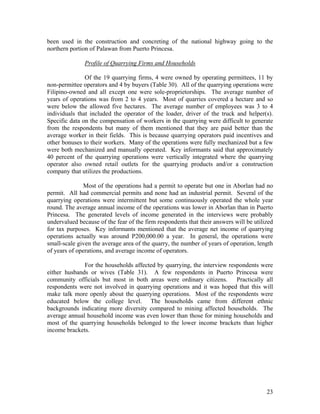 been used in the construction and concreting of the national highway going to the
northern portion of Palawan from Puerto Princesa.

               Profile of Quarrying Firms and Households

               Of the 19 quarrying firms, 4 were owned by operating permittees, 11 by
non-permittee operators and 4 by buyers (Table 30). All of the quarrying operations were
Filipino-owned and all except one were sole-proprietorships. The average number of
years of operations was from 2 to 4 years. Most of quarries covered a hectare and so
were below the allowed five hectares. The average number of employees was 3 to 4
individuals that included the operator of the loader, driver of the truck and helper(s).
Specific data on the compensation of workers in the quarrying were difficult to generate
from the respondents but many of them mentioned that they are paid better than the
average worker in their fields. This is because quarrying operators paid incentives and
other bonuses to their workers. Many of the operations were fully mechanized but a few
were both mechanized and manually operated. Key informants said that approximately
40 percent of the quarrying operations were vertically integrated where the quarrying
operator also owned retail outlets for the quarrying products and/or a construction
company that utilizes the productions.

              Most of the operations had a permit to operate but one in Aborlan had no
permit. All had commercial permits and none had an industrial permit. Several of the
quarrying operations were intermittent but some continuously operated the whole year
round. The average annual income of the operations was lower in Aborlan than in Puerto
Princesa. The generated levels of income generated in the interviews were probably
undervalued because of the fear of the firm respondents that their answers will be utilized
for tax purposes. Key informants mentioned that the average net income of quarrying
operations actually was around P200,000.00 a year. In general, the operations were
small-scale given the average area of the quarry, the number of years of operation, length
of years of operations, and average income of operators.

              For the households affected by quarrying, the interview respondents were
either husbands or wives (Table 31). A few respondents in Puerto Princesa were
community officials but most in both areas were ordinary citizens. Practically all
respondents were not involved in quarrying operations and it was hoped that this will
make talk more openly about the quarrying operations. Most of the respondents were
educated below the college level. The households came from different ethnic
backgrounds indicating more diversity compared to mining affected households. The
average annual household income was even lower than those for mining households and
most of the quarrying households belonged to the lower income brackets than higher
income brackets.




                                                                                        23
 