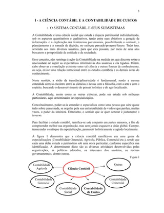 3


  I - A CIÊNCIA CONTÁBIL E A CONTABILIDADE DE CUSTOS

            1. O SISTEMA CONTÁBIL E SEUS SUBSISTEMAS

A Contabilidade é uma ciência social que estuda a riqueza patrimonial individualizada,
sob os aspectos quantitativos e qualitativos, tendo entre seus objetivos a geração de
informações e a explicação dos fenômenos patrimoniais, possibilitando o controle, o
planejamento e a tomada de decisão, no enfoque passado/presente/futuro. Tudo isso,
servindo aos mais diversos usuários, para que eles possam, por meio de seus atos
buscarem a prosperidade da entidade e da sociedade.

Esse conceito, não restringe à ação da Contabilidade na medida em que discorre sobre a
necessidade de suprir as expectativas informativas dos usuários a ela ligados. Porém,
cabe observar a correlação existente entre tal ciência e outras formas de conhecimento,
ou seja, existe uma relação intencional entre os estudos contábeis e as demais áreas do
conhecimento.

Neste sentido, a visão da transdisciplinariedade é fundamental, sendo a mesma
entendida como o encontro entre as ciências e destas com a filosofia, com a arte e com o
espírito, buscando o desenvolvimento do pensar holístico e do agir localizado.

A Contabilidade, assim como as outras ciências, pode ser estuda sob enfoques
particulares, aqui denominados de especializações.

Conceitualmente, poder-se-ia entender o especialista como uma pessoa que sabe quase
tudo sobre quase nada, se orgulha pela sua unilateralidade de visão e que perdeu, muitas
vezes, o poder da inteireza. Entretanto, o sentido que se quer denotar é justamente o
inverso.

Para facilitar o estudo contábil, ramifica-se este conjunto em partes menores, a fim de
compreender melhor sua organização, mas sem jamais esquecer a visão global. Cumpre,
transcender o enfoque da especialização, pensando holísticamente e agindo localmente.

A figura 1 demonstra que a ciência contábil ramifica-se em uma gama de
especializações (Contabilidade Gerencial, Agrícola, Pública, Comercial etc.), sendo que
cada uma delas estuda o patrimônio sob uma ótica particular, conforme especifica sua
identificação. A determinante disso são as diversas atividades desenvolvidas pelas
organizações, as políticas adotadas, os interesses dos usuários, as normas
governamentais, dentre outras.
                                                                                Figura 1

Contabilidade                                                      Outras
  Agrícola                   Ciência Contábil


  Contabilidade                                                Contabilidade
   Gerencial                                                    Comercial
                      Contabilidade       Contabilidade
                         Social             de Custos
 