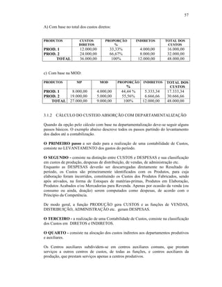 57

A) Com base no total dos custos diretos:


PRODUTOS             CUSTOS          PROPORÇÃO         INDIRETOS      TOTAL DOS
                     DIRETOS             %                             CUSTOS
PROD. 1              12.000,00          33,33%          4.000,00      16.000,00
PROD. 2              24.000,00          66,67%          8.000,00      32.000,00
     TOTAL           36.000,00           100%          12.000,00      48.000,00


c) Com base na MOD:

PRODUTOS           MP             MOD       PROPORÇÃO     INDIRETOS   TOTAL DOS
                                                %                      CUSTOS
PROD. 1         8.000,00         4.000,00    44,44 %       5.333,34   17.333,34
PROD. 2        19.000,00         5.000,00    55,56%        6.666,66   30.666,66
   TOTAL       27.000,00         9.000,00     100%        12.000,00   48.000,00


3.1.2   CÁLCULO DO CUSTEIO ABSORÇÃO COM DEPARTAMENTALIZAÇÃO

Quando da opção pelo cálculo com base na departamentalização deve-se seguir alguns
passos básicos. O exemplo abaixo descreve todos os passos partindo do levantamento
dos dados até a contabilização.

O PRIMEIRO passo a ser dado para a realização de uma contabilidade de Custos,
consiste no LEVANTAMENTO dos gastos do período.

O SEGUNDO - consiste na distinção entre CUSTOS e DESPESAS e sua classificação
em custos de produção, despesas de distribuição, de vendas, de administração etc.
Enquanto as DESPESAS deverão ser descarregadas diretamente no Resultado do
período, os Custos são primeiramente identificados com os Produtos, para cuja
elaboração foram incorridos, constituindo os Custos dos Produtos Fabricados, sendo
após ativados, na forma de Estoques de matérias-primas, Produtos em Elaboração,
Produtos Acabados e/ou Mercadorias para Revenda. Apenas por ocasião da venda (ou
consumo ou ainda, doação) serem computados como despesas, de acordo com o
Princípio da Competência.

De modo geral, a função PRODUÇÃO gera CUSTOS e as funções de VENDAS,
DISTRIBUIÇÃO, ADMINISTRAÇÃO etc. geram DESPESAS.

O TERCEIRO - a realização de uma Contabilidade de Custos, consiste na classificação
dos Custos em DIRETOS e INDIRETOS.

O QUARTO - consiste na alocação dos custos indiretos aos departamentos produtivos
e auxiliares.

Os Centros auxiliares subdividem-se em centros auxiliares comuns, que prestam
serviços a outros centros de custos, de todas as funções, e centros auxiliares da
produção, que prestam serviços apenas a centros produtivos.
 