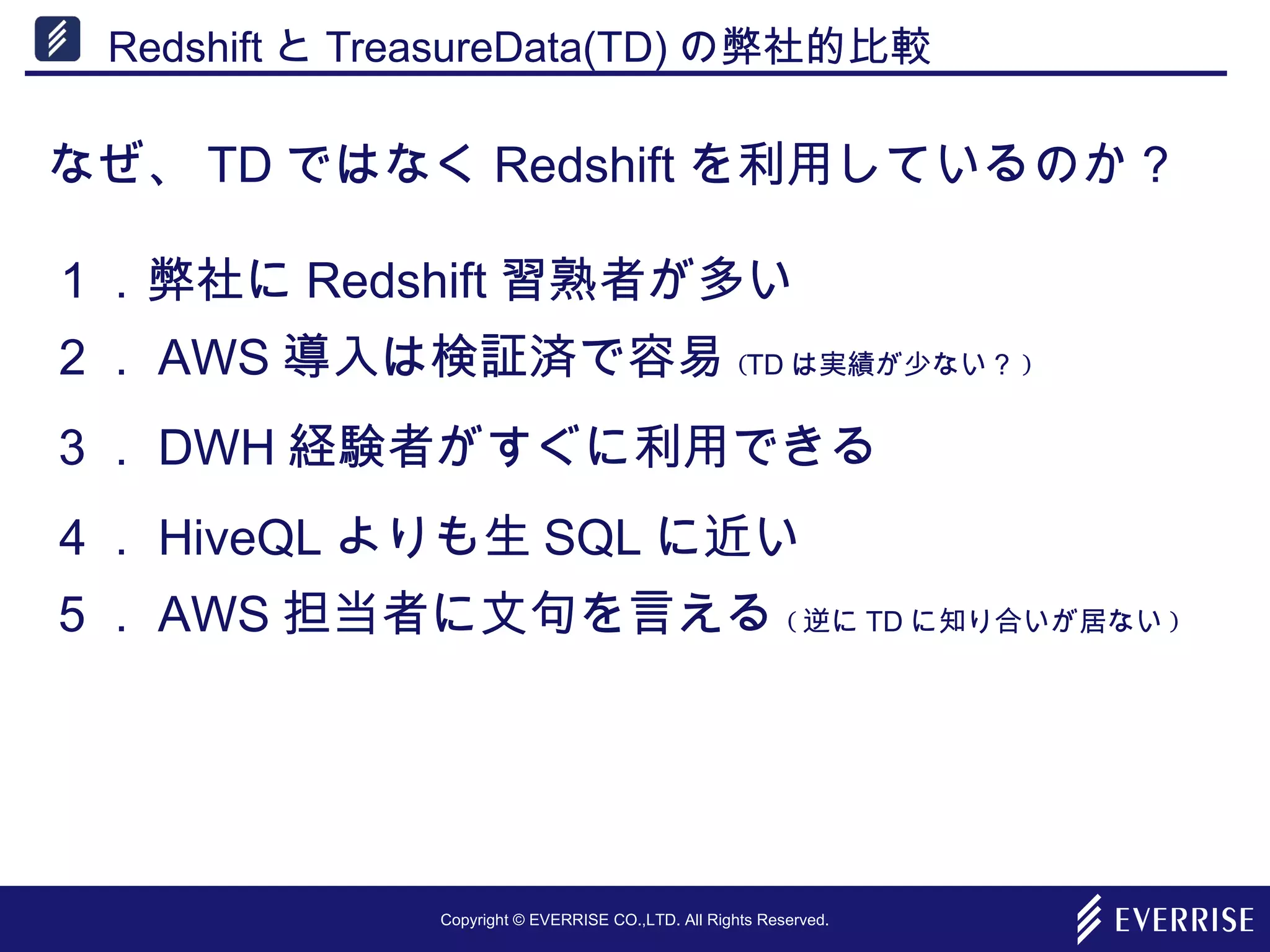 Copyright © EVERRISE CO.,LTD. All Rights Reserved.
Redshift と TreasureData(TD) の弊社的比較
なぜ、 TD ではなく Redshift を利用しているのか？
１．弊社に Redshift 習熟者が多い
２． AWS 導入は検証済で容易 (TD は実績が少ない？ )
３． DWH 経験者がすぐに利用できる
４． HiveQL よりも生 SQL に近い
５． AWS 担当者に文句を言える ( 逆に TD に知り合いが居ない )
 