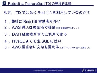 Copyright © EVERRISE CO.,LTD. All Rights Reserved.
Redshift と TreasureData(TD) の弊社的比較
なぜ、 TD ではなく Redshift を利用しているのか？
１．弊社に Redshift 習熟者が多い
２． AWS 導入は検証済で容易 (TD は実績が少ない？ )
３． DWH 経験者がすぐに利用できる
４． HiveQL よりも生 SQL に近い
５． AWS 担当者に文句を言える ( 逆に TD に知り合いが居ない )
 