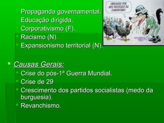  Propaganda governamental.Propaganda governamental.
 Educação dirigida.Educação dirigida.
 Corporativismo (F).Corporativismo (F).
 Racismo (N).Racismo (N).
 Expansionismo territorial (N).Expansionismo territorial (N).
 Causas Gerais:Causas Gerais:
 Crise do pós-1ª Guerra Mundial.Crise do pós-1ª Guerra Mundial.
 Crise de 29Crise de 29
 Crescimento dos partidos socialistas (medo daCrescimento dos partidos socialistas (medo da
burguesia).burguesia).
 Revanchismo.Revanchismo.
 
