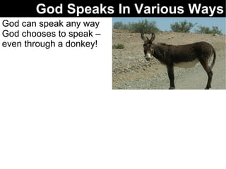 God Speaks In Various Ways God can speak any way God chooses to speak – even through a donkey!  