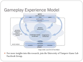 Gameplay Experience Model For more insights into this research, join the University of Tampere Game Lab Facebook Group. Image credits: Laura Ermi & Frans Mäyrä. 