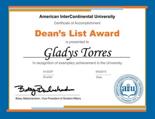 American InterContinental University
Certificate of Accomplishment
Dean’s List Award
is presented to
In recognition of exemplary achievement in the University
Gladys Torres
Betsy Balachandran, Vice President of Student Affairs
A1502P
Quarter
8/6/2015
Date
 