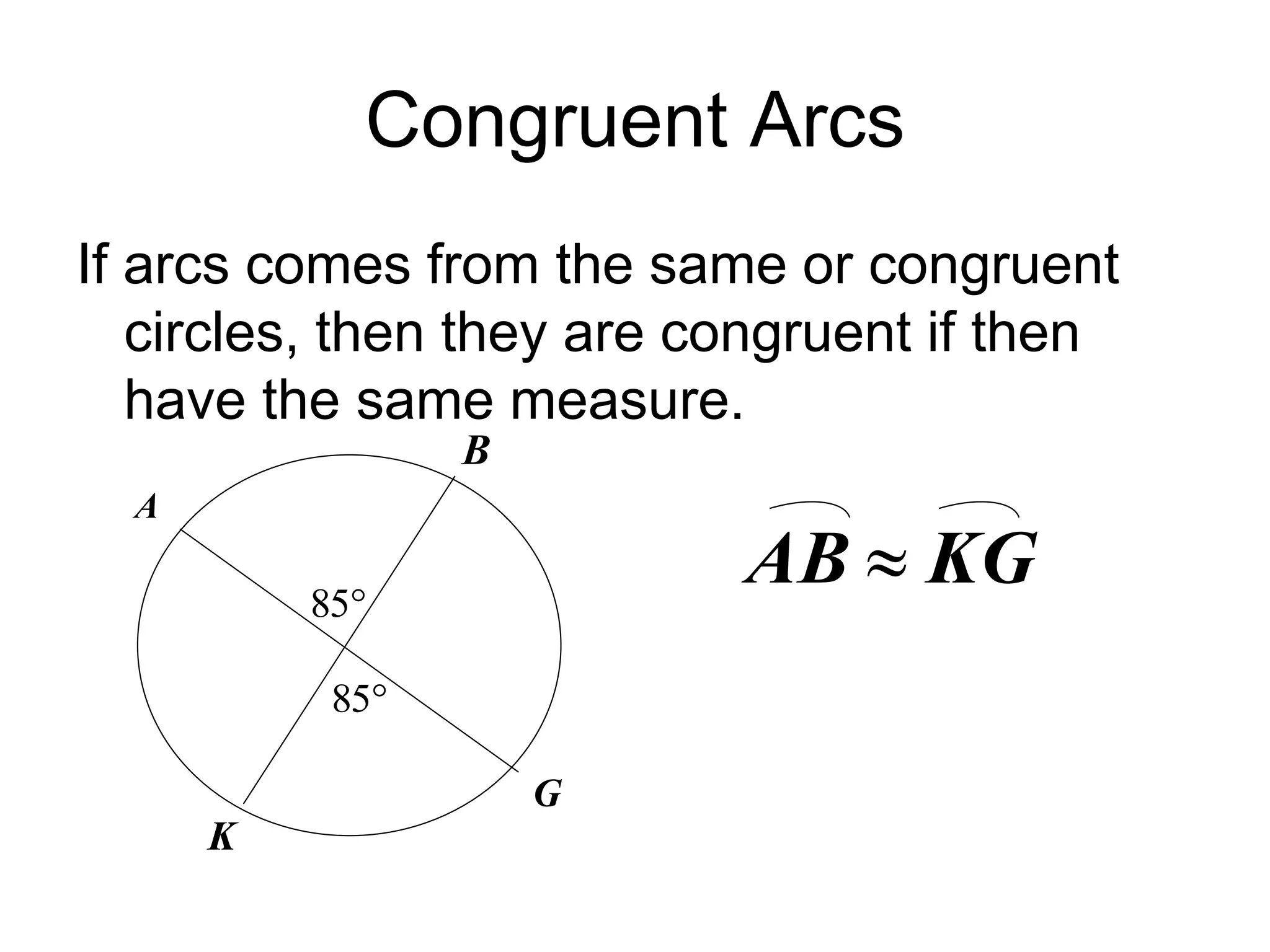 Congruent Arcs
If arcs comes from the same or congruent
circles, then they are congruent if then
have the same measure.
A
B
K
G

85

85
KG
AB 
 