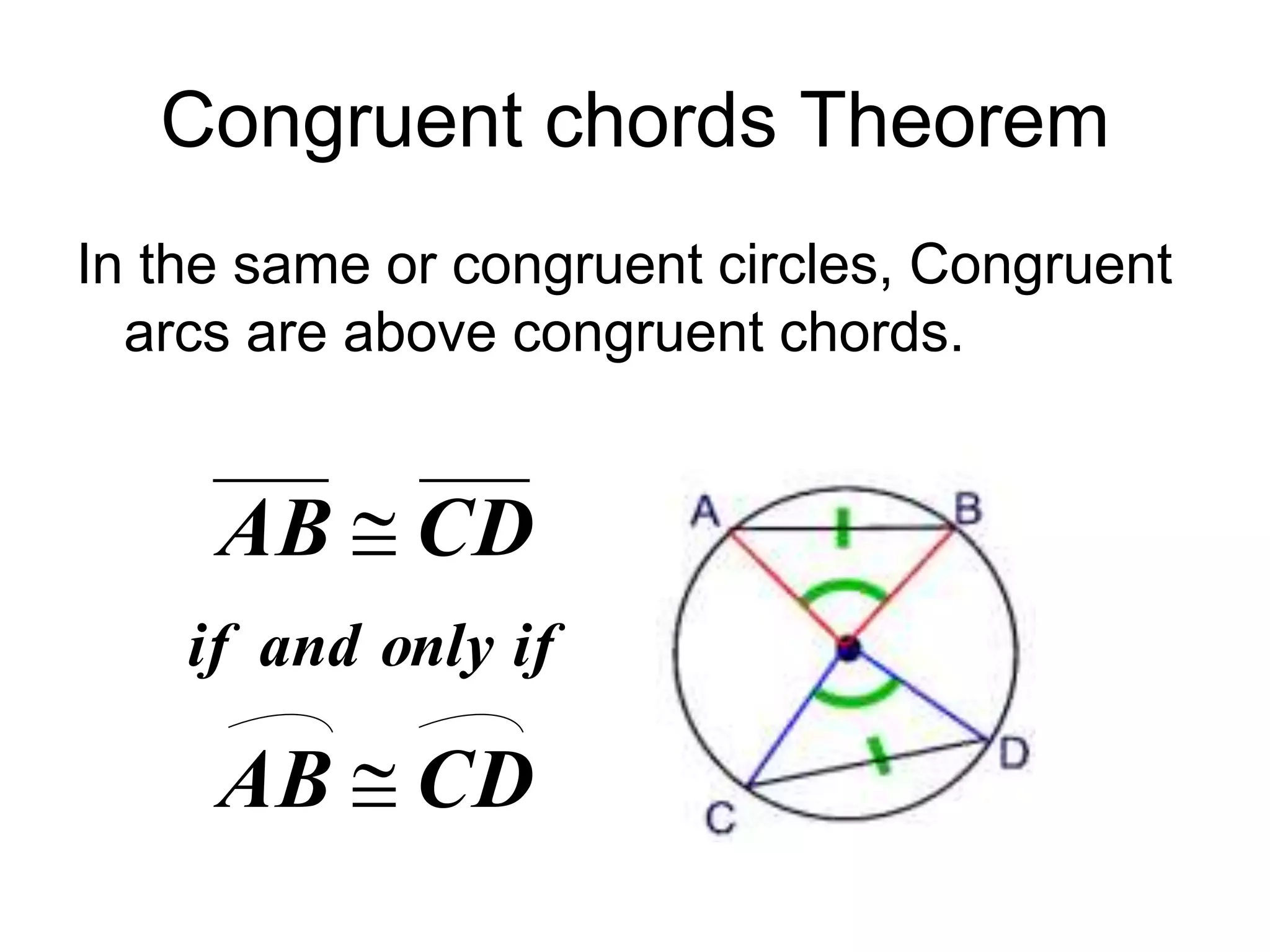 Congruent chords Theorem
In the same or congruent circles, Congruent
arcs are above congruent chords.
CD
AB
CD
AB


if
only
and
if
 
