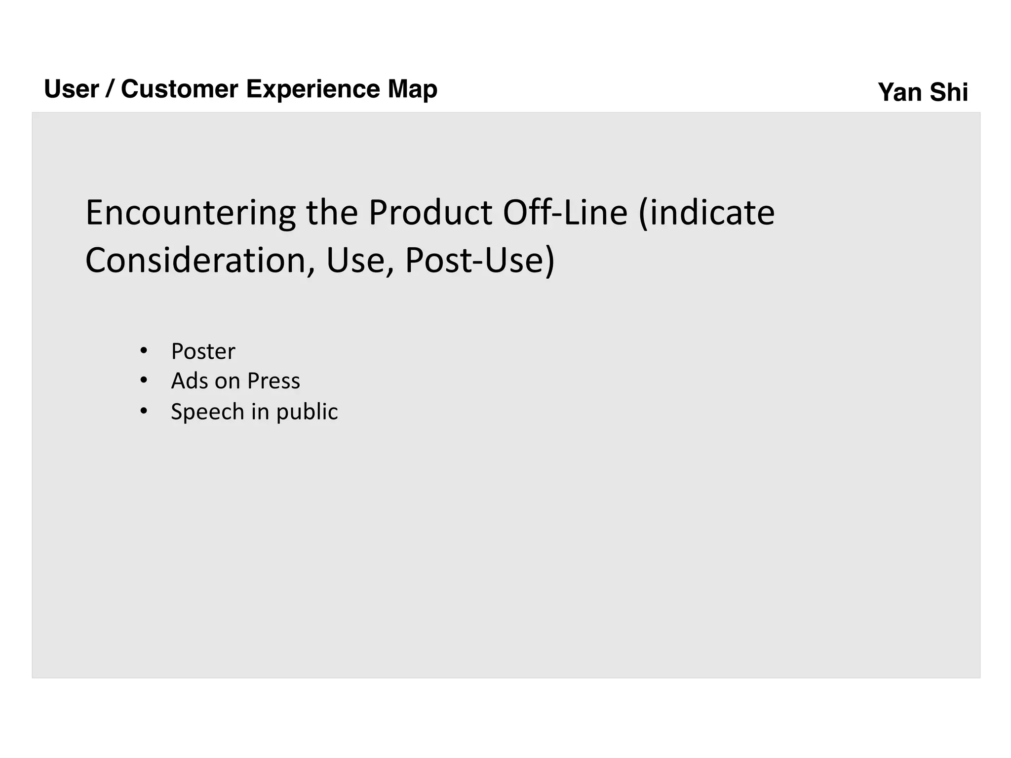 Yan Shi
Encountering the Product Off-Line (indicate
Consideration, Use, Post-Use)
User / Customer Experience Map
• Poster
• Ads on Press
• Speech in public