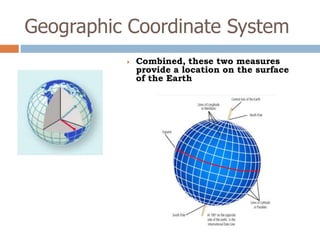  Combined, these two measures
provide a location on the surface
of the Earth
Geographic Coordinate System
 