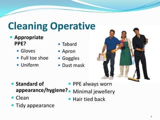 Cleaning Operative
 Appropriate

PPE?

 Tabard

 Gloves

 Apron

 Full toe shoe

 Goggles

 Uniform

 Dust mask

 Standard of

 PPE always worn
appearance/hygiene?  Minimal jewellery
 Clean
 Hair tied back
 Tidy appearance
4

 