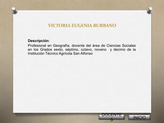 VICTORIA EUGENIA BURBANO
Descripción:
Profesional en Geografía, docente del área de Ciencias Sociales
en los Grados sexto, séptimo, octavo, noveno y decimo de la
Institución Técnico Agrícola San Alfonso
DOCENTE
S
INICIO
 