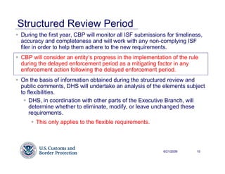 Structured Review Period
During the first year, CBP will monitor all ISF submissions for timeliness,
accuracy and completeness and will work with any non-complying ISF
filer in order to help them adhere to the new requirements.
CBP will consider an entity’s progress in the implementation of the rule
during the delayed enforcement period as a mitigating factor in any
enforcement action following the delayed enforcement period.
On the basis of information obtained during the structured review and
public comments, DHS will undertake an analysis of the elements subject
to flexibilities.
    DHS, in coordination with other parts of the Executive Branch, will
    determine whether to eliminate, modify, or leave unchanged these
    requirements.
      This only applies to the flexible requirements.




                                                          6/21/2009     10
 