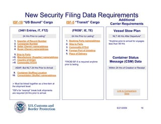 New Security Filing Data Requirements
                                                                                        Additional
ISF-10 “US Bound” Cargo                        ISF-5 “Transit” Cargo              Carrier Requirements

       (3461 Entries, IT, FTZ)                        (FROB*, IE, TE)                 Vessel Stow Plan
          24 Hrs Prior to Lading*                     24 Hrs Prior to Lading*        NLT 48 Hrs After Departure*

 1.   Importer of Record Number                1.   Booking Party name/address   *Anytime prior to arrival for voyages
 2.   Consignee Number                         2.   Ship to Party                less than 48 Hrs
 3.   Seller (Owner) name/address              3.   Commodity HTS-6
 4.   Buyer (Owner) name/address
                                               4.   Foreign Port of Unlading
 5. Ship to Party                              5.   Place of Delivery
 6. Manufacturer (Supplier) name/address                                          Container Status
 7. Country of Origin
 8. Commodity HTS-6                           *FROB ISF-5 is required anytime    Message (CSM) Data
                                              prior to lading
   ASAP, But NLT 24 Hrs Prior to Arrival                                         Within 24 Hrs of Creation or Receipt

 9. Container Stuffing Location
10. Consolidator (Stuffer) name/address


  Must be linked together as a line-item at
the shipment level
*ISFs for “exempt” break bulk shipments                                                  Link to Comparison
are required 24 Hrs prior to arrival.                                                            Slide




                                                                                         6/21/2009                16
 