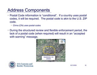 Address Components
Postal Code information is “conditional”. If a country uses postal
codes, it will be required. The postal code is akin to the U.S. ZIP
code.
  China (CN) uses postal codes

During the structured review and flexible enforcement period, the
lack of a postal code (when required) will result in an “accepted
with warning” message.




                                 SHANGHAI, CN
                                    200000



                                                    6/21/2009    32
 