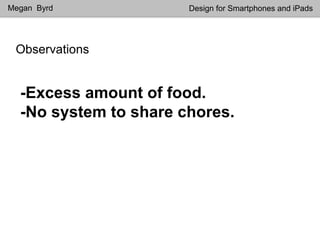 Observations
Megan Byrd Design for Smartphones and iPads
-Excess amount of food.
-No system to share chores.
 