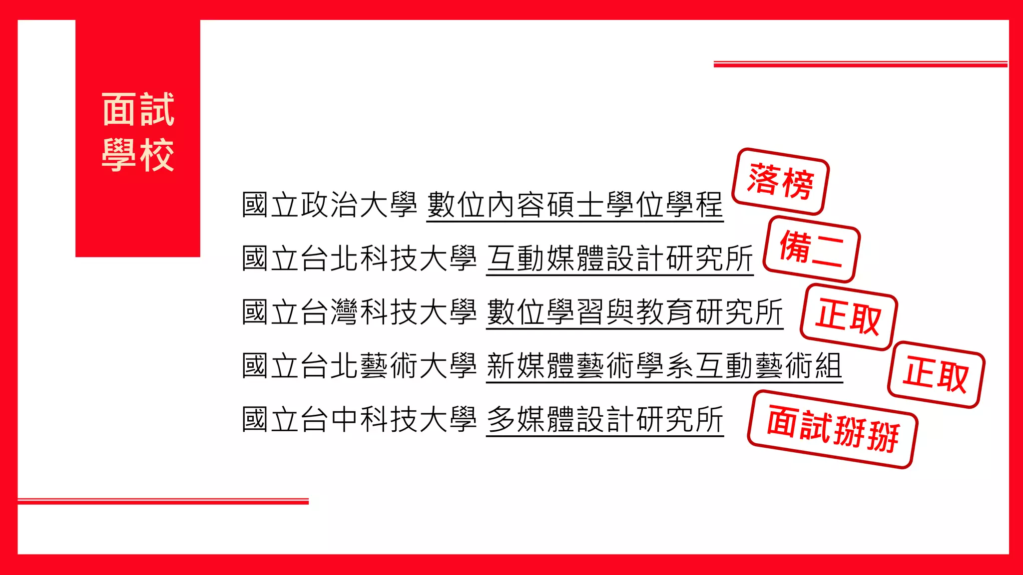 面試
學校
國立政治大學 數位內容碩士學位學程
國立台北科技大學 互動媒體設計研究所
國立台灣科技大學 數位學習與教育研究所
國立台北藝術大學 新媒體藝術學系互動藝術組
國立台中科技大學 多媒體設計研究所
 