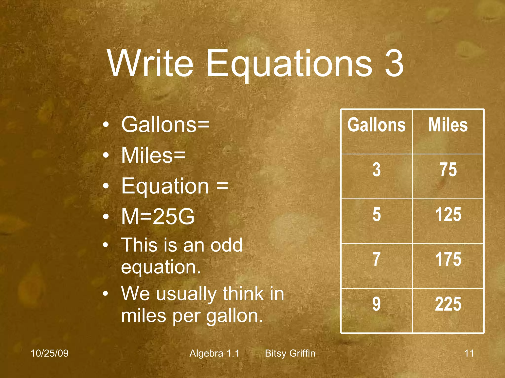 Write Equations 3   Gallons= Miles= Equation = M=25G This is an odd equation. We usually think in miles per gallon. 10/25/09 Algebra 1.1  Bitsy Griffin Gallons Miles 3 75 5 125 7 175 9 225 
