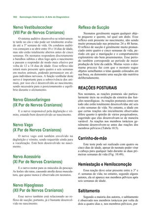 502   Semiologia Veterinária: A Arte do Diagnóstico



Nervo Vestibulococlear                                 Reflexo de Sucção
(VIII Par de Nervos Cranianos)                              Neonatos geralmente sugam qualquer obje-
                                                       to pequeno e quente, tal qual um dedo. Esse
     O sistema auditivo desenvolve-se relativamen-
                                                       reflexo está presente no nascimento, não sendo
te tarde no cão e não pode ser totalmente avalia-
                                                       muito pronunciado nas primeiras 24 a 48 horas.
do até a 3a semana de vida. Os condutos auditi-
                                                       O reflexo de sucção é geralmente muito pronun-
vos começam a se abrir entre 10 e 14 dias de idade,
                                                       ciado entre quatro e cinco semanas de vida, pe-
mas não estão totalmente abertos antes de cinco
                                                       ríodo cm que a mastigação e o comportamento
semanas. Os neonatos respondem discretamente
                                                       exploratório são bem proeminentes. Esse perío-
a barulhos súbitos e altos logo após o nascimento
                                                       do também corresponde ao período de maior
e passam a responder de modo mais efusivo por
                                                       produção de leite da cadela. Muitas vezes o des-
volta de 12 a 14 dias de idade. Esse reflexo não
                                                       mame precoce faz com que o neonato sugue
estará mais presente após quatro a seis semanas
                                                       objetos semelhantes a tetas quando colocados em
em muitos animais, podendo permanecer em al-
                                                       sua boca, ou demonstre uma sucção não nutritiva
guns indivíduos nervosos. A função vestibular deste
                                                       deliberadamente.
nervo é importante para a sobrevivência dos ani-
mais, por isso ela é desenvolvida ao nascimento,
sendo necessária para o posicionamento e equilí-
brio durante o aleitamento.                            REAÇÕES POSTURAIS
                                                       Nos neonatos, as reações posturais são particu-
                                                       larmente úteis na avaliação da simetria das fun-
Nervo Glossofaríngeo                                   ções neurológicas. As reações posturais como um
(IX Par de Nervos Cranianos)                           todo não estão totalmente desenvolvidas até seis
                                                       a oito semanas de vida. No entanto, a idade em
    E o nervo responsável pela deglutição e vó-        que certas reações são inicialmente observadas
mito, estando bem desenvolvido ao nascimento.          difere quanto à opinião de vários pesquisadores,
                                                       sugerindo que elas desenvolvam-se de maneira
                                                       variável. As reações nos membros torácicos ge-
Nervo Vago                                             ralmente desenvolvem-se antes das reações dos
                                                       membros pélvicos (Tabela 10.5).
(X Par de Nervos Cranianos)
    O nervo vago está também envolvido na
deglutição e vómito, sendo requerido ainda para        Carrinho-de-mão
a vocalização. Está bem desenvolvido no nasci-             Este teste pode ser realizado com quatro ou
mento.                                                 cinco dias de idade, apesar do neonato poder virar
                                                       a cabeça para qualquer lado durante as duas pri-
                                                       meiras semanas de vida (Fig. 10.49).
Nervo Acessório
(XI Par de Nervos Cranianos)
                                                       Hemiestação e Hemilocomoção
     E o nervo motor para os músculos do pescoço.
As lesões são raras, causando atrofia dessa muscula-        Essa reação deve estar presente entre a 3 a e
tura, que quase nunca é observada em neonatos.         4- semanas de vida; no entanto, segundo alguns
                                                       autores, ela só aparece nos membros pélvicos após
                                                       seis semanas de idade.
Nervo Hipoglosso
(XII Par de Nervos Cranianos)                          Saltitamento
    Esse nervo também está relacionado ao re-              Segundo a maioria dos autores, o saltitamento
flexo de sucção; portanto, já é bastante desenvol-     é observado nos membros torácicos por volta de
vido no nascimento.                                    dois a quatro dias e, nos membros pélvicos, por
 