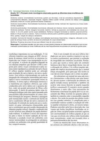 514 Semiologia Veterinária: A Arte do Diagnóstico
  Quadro 10.7 - Principais sinais neurológicos observados quando as diferentes áreas encefálicas são
  acometidas.
  Síndrome cerebral: anormalidades locomotoras (podem ser discretas), nível de consciência (depressão) e
  comportamento alterados, respiração irregular, cegueira (reflexo pupilar normal), pressão da cabeça contra
  obstáculos, andar em círculos (geralmente lesões unilaterais).
  Síndrome mesencefálica: Anormalidades locomotoras, depressão mental, midríase não responsiva ou miose (visão
  normal), estrabismo.
  Síndrome pontinobulbar: Anormalidades locomotoras, alteração em diversos nervos cranianos, depressão mental.
  Síndrome vestibular: Central: nistagmo horizontal, rotat ório, vertical ou posicionai, anormalidades nos nervos cra-
  nianos: V, VI e VII; podem ocorrer sinais cerebelares. Periférica: nistagmo horizontal ou rotatório, possível anorma-
  lidade no VII par de nervo craniano. Tanto a síndrome central quanto a periférica podem apresentar perda de equi-
  líbrio, quedas, rotação de cabeça e estrabismo.
  Cerebelar: tremores de intenção na cabeça, anormalidades locomotoras (hipermetria), nistagmos, alteração na res-
  posta de ameaça visual, aumento da área de sustentação do corpo (ampla base).
  Multifocal: Presença de sinais clínicos que refletem mais de uma síndrome.
  Observação: É importante ressaltar que nem todos os sinais estarão presentes em determinadas situações e que as anor-
  malidades caracterizadas por sinais multifocais são as mais frequentemente encontradas em animais de grande porte.




cerebelares importantes na sua modulação. A via                    Este é um exemplo de um arco reflexo me-
aferente (impulsos que chegam ao SNC) da res-                 diado por um nervo sensitivo (óptico) e um ner-
posta de ameaça visual envolve as estruturas ín-              vo motor (oculomotor), que permite a avaliação
tegras das vias visuais e sua interpretação no cór-           da integridade das estruturas envolvidas. Portan-
tex occipital. A oclusão da pálpebra depende da               to, para que ocorra a miose após um estímulo
via eferente (impulsos que deixam o SNC) com-                 luminoso deve haver integridade destas vias até
posta pelo córtex visual contralateral e pelo sis-            a efetuação do reflexo. Um reflexo pupilar ade-
tema motor (ipsilateral ao estímulo) do nervo facial.         quado não implica necessariamente que o animal
O reflexo pupilar também pode ser utilizado                   esteja enxergando, pois para que isto ocorra as
para avaliação do nervo óptico e do nervo oculo-              vias devem estar íntegras até o córtex occipital.
motor. Este reflexo é desencadeado em razão da                     Ao colocarmos um animal em uma sala escu-
integração das informações transmitidas pelo nervo            ra e iluminarmos o olho direito com uma lanter-
óptico e nervo oculomotor acarretando miose ou
                                                              na, deverá ocorrer a diminuição do diâmetro da
midríase. A retina capta a informação luminosa e
                                                              pupila testada (miose ipsilateral) e também irá
a transforma em impulsos elétricos, que serão
                                                              ocorrer uma miose discreta na pupila esquerda
conduzidos pelo nervo óptico até o quiasma óp-
tico, onde um grande percentual de fibras sofre               (reflexo consensual). O contrário ocorre quando
decussação. A partir do quiasma óptico estas in-              iluminamos o outro olho. Este mecanismo de
formações trafegam pelo trato óptico passando pelo            fechamento consensual da pupila deve-se ao cru-
mescncéfalo indo posteriormente ao córtex cere-               zamento das fibras ocorrido no quiasma óptico e
bral (formação de imagens). Durante a passagem                também às conexões entre o mesencéfalo esquerdo
pelo mesencéfalo ocorre o estímulo do núcleo do               e direito. Em razão da posição dos globos ocula-
nervo oculomotor (III par de nervo craniano) ali              res (em grandes animais), é complicado para o
localizado. O estímulo do núcleo do nervo oculo-              examinador realizar sozinho a avaliação do refle-
motor irá gerar informações (transmitidas pelo                xo pupilar consensual e direto, ao mesmo tempo.
nervo oculomotor) que provocarão diminuição do                Podemos perceber pela breve descrição das vias
diâmetro pupilar (miose). Quando o ambiente está              visuais que lesões encefálicas localizadas na re-
escuro ocorrerá uma dilatação da pupila denomi-               gião de córtex occipital podem acarretar cegueira
nada midríase. A midríase e miose são importan-               sem anormalidades do reflexo pupilar já que as
tes para a maior ou menor captação de luz me-                 vias que envolvem este reflexo estão localizadas
lhorando a acuidade visual em ambientes com                   mais rostralmente, sendo um exemplo disto a
menor luminosidade ou protegendo as estruturas                polioencefalomalácia dos bovinos.
oculares em ambientes com grande quantidade de                     Como na maioria das vezes observamos es-
luz, respectivamente.                                         tes animais em ambiente aberto e não em uma
 