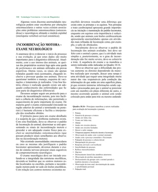 520   Semiologia Veterinária: A Arte do Diagnóstico

    Algumas vezes discretas anormalidades neu-        encéfalo devemos ressaltar uma diferença que
rológicas podem estar encobertas por alterações       existe entre os primatas e os equinos. Nos primatas
osteomusculares e outras vezes existem associa-       o trato cerebrospinal apresenta grande importân-
ções entre problemas osteomusculares (osteocon-       cia na iniciação e manutenção do padrão locomotor,
drose) e neurológicos afetando a medula espinhal      enquanto em equinos esta importância é reduzi-
(mielopatia vertebral cervical estenótica).           da, sendo que animais com lesões cerebrocorticais
                                                      apresentarão anormalidades apenas em ativida-
                                                      des mais refinadas de locomoção como, por exem-
1NCOORDENAÇÃO MOTORA -                                plo, o salto de obstáculos.
                                                           Inicialmente deve-se observar o padrão de
EXAME NEUROLÓGICO                                     locomoção dos animais avaliados. Isto deve ser
A anamnese deve evidenciar o início do processo       feito com o animal a passo, que é a atividade mais
e sua evolução, já que estes dados são muito          simples e, posteriormente, se o grau de incoor-
importantes para o diagnóstico diferencial. Atual-    denação não for muito severo, deve-se colocá-lo
mente, com o uso intenso dos animais, as quei-        a trote. A sequência do exame e as manobras a
xas dos proprietários ocorrem logo após uma queda     serem realizadas estão indicadas no Quadro 10.16.
de performance em animais utilizados em provas             Deve-se observar que a dificuldade das pro-
esportivas. Outras vezes, os sinais são apenas        vas aumenta ou diminui dependendo da mano-
relatados quando mais acentuados, chegando in-        bra realizada (por exemplo, descer uma rampa é
clusive a provocar quedas nos animais. Deve-se        uma atividade que requer uma integridade muito
questionar também o manejo, esquema de vaci-          maior das vias responsáveis pela condução das
nações e tratamentos já realizados. Uma boa his-      informações do que andar em uma superfície plana,
tória clínica é realizada quando existe um ade-       já que existem inúmeras informações sendo cap-
quado conhecimento das enfermidades que fa-           tadas e processadas para que o animal se posicione
zem parte do diagnóstico diferencial.                 com um membro em plano diferente de outro, o
     Devemos sempre seguir um protocolo para o        mesmo ocorrendo quando o animal está sendo
exame da incoordenação motora, pois isto facili-      colocado para andar para trás ou mesmo andando
tará a colheita de informações, não permitindo o
esquecimento de parte importante do exame. De
maneira geral o exame craniocaudal (iniciando na
                                                        Quadro 10.16 - Principais manobras a serem realizadas
região anterior do animal e terminando na poste-
                                                        para avaliação da locomoção e postura.
rior) é bastante eficiente e facilita a interpreta-
ção dos resultados obtidos.                             • Postura.
     O primeiro passo para um exame detalhado           • Simetria de pescoço e tronco.
                                                        • Andar em linha reta.
é a suspeita de que o problema realmente exista.        • Trotar em linha reta.
Com esta finalidade, deve-se observar o padrão          • Afastar.
de locomoção do animal, determinar se está apre-        • Andar em círculos abertos.
sentando os sinais de incoordenação motora e            • Andar em círculos fechados.
proceder a um adequado exame físico para ex-            • Descer e subir rampas.
cluir-se anormalidades osteomusculares (que             • Ultrapassar pequenos obstáculos durante a locomoção.
                                                        • Observação do andar com o animal montado.
possam produzir sinais semelhantes aos observa-
                                                        • Andar com o pescoço estendido e flexionado.
dos na incoordenação motora).                           • Palpação do pescoço e coluna dorsal.
     Não existindo anormalidades osteomusculares        • Manipulação do pescoço.
ou caso as mesmas não justifiquem o padrão              • Resposta cervical e cervicofacial.
locomotor apresentado, devemos durante o exa-           • Sensibilidade do pescoço.
me do sistema nervoso procurar sinais sugestivos        • Reflexo musculocutâneo.
de comprometimento neurológico.                         • Slap-test.
                                                        • Deslocamento lateral dos membros anteriores.
     O exame neurológico deve ser iniciado ava-
                                                        • Observação de atrofias musculares.
liando-se a integridade das estruturas encefálicas,     • Deslocamento da garupa com o animal parado e
devendo-se lembrar que os centros motores es-             também durante a locomoção.
tão localizados no encéfalo, portanto a incoorde-       • Observação do tono anal, movimentação da cauda
nação motora pode ter sede em lesões encefálicas.         e sensibilidade perineal.
Com relação aos centros motores existentes no           • Palpação retal.
 