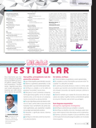 Uma publicação do GRUPO RIC
Fundador e Presidente Emérito
Mario J. Gonzaga Petrelli
GRUPO RIC SC
Presidente-Executivo
Marcello Corrêa Petrelli
Diretor Comercial
Reynaldo Ramos
Diretor Administrativo e Financeiro
Albertino Zamarco Jr.
Diretor Operacional
Paulo Hoeller
ITS
Diretor Geral:
Riadis Dornelles | riadis@portalits.com.br
Diretor Geral Santa Catarina: 
Bruno Filomeno | bruno@portalits.com.br
Marketing:
Luiz Cardoso | luiz.cardoso@portalits.com.br
Mirella Rzatk | mirella.rzatki@portalits.com.br
Diretor de Arte:
Eduardo Carvalho Motta
eduardo@portalits.com.br
Assistente Financeiro:
Karin Roesner | karin@portalits.com.br
Coodernadora de Eventos:
Bárbara Dias | barbara.dias@portalits.com.br
Apresentador de Tv:
Gabriel Silvestrin
gabriel.silvestrin@portalits.com.br
Cinegrafista:
Lêo Russo | leonardo.russo@portalits.com.br
Editor de Tv:
Krystopher Andrade
krystopher.andrade@portalits.com.br
NÚCLEO COMERCIAL:
Supervisor Comercial:
Fabiano Aguiar | fabiano@ricsc.com.br
Gerente Comercial Chapecó:
Maristela dos Santos
maristela@ricsc.com.br
Gerente Comercial Meio Oeste:
Leonardo Winter | @ricsc.com.br
Gerente Comercial Joinville:
Cristian Vieceli | @ricsc.com.br
Contato Grande Florianópolis
Gustavo Vicente
gustavo.vicente@ricsc.com.br
Contato Blumenau e Itajaí
Ronny Reinhold
ronny.reinhold@ricsc.com.br
Atendimento Regional Paraná
e Rio Grande do Sul
Gondil Kurtz | gondil@ricsc.com.br
Gerente de Mercado Nacional - SP, RJ e DF
Nilton Aquino | nilton@ricsc.com.br
Os artigos assinados não refletem necessa-
riamente a opinião da revista, sendo de inteira
responsabilidade de seus autores. É permitida
a reprodução total ou parcial de reportagens e
textos, desde que expressamente citada a fonte.
Tiragem: 65 mil exemplares
Não vacila, Fala aí: (48)
3212.4026
redacao@portalits.com.br
Pontos de distribuição:
Floripa/São José: Colégio Bom Jesus, Colégio
Catarinense, Colégio Energia Jr., Colégio
Energia 3ão, Colégio Geração, Colégio
Dom Jaime, Colégio Imaculada Conceição,
Colégio Menino Jesus, COC Centro, Colégio
Tendência 3ão, Colégio Elisa Andreoli, Colégio
da Lagoa, COC Córrego, Colégio Tendência
Kids, Colégio Cruz e Sousa e Cruz e Sousa
SJ. Lojas: Varal, Curso Pascal, Rádio Jovem
Pan, Curso Cem, Yázigi Idiomas, El Divino,
Mormaii Lagoa e Teatro Vanguarda. Beiramar
Shopping: Gang, Sul Nativo, J’Bay, Someday.
Shopping Iguatemi: Sul Nativo. Shopping
Itaguaçu: J’Bay, Sul Nativo. Balneário /Itajaí:
Colégio Energia Itajaí, Colégio São José,
Colégio Margirus, Colégio Salesiano, Colégio
Unificado Bal. e Colégio Energia Balneário.
Itajaí Shopping: World Tenis, Academia Wave,
Gang shopping BC, Yázigi Idiomas. Blumenau:
Colégio Energia, Colégio Bom Jesus, Colégio
Sagrada Família, Colégio Barão do Rio Branco,
Colégio Senai e Colégio Etevi. Lojas: Cabanas,
Marcello Sports, Yázigi Idiomas, Rádio Mix,
Yázigi Brusque e lojas Gang. Criciúma: Colégio
Marista, Colégio Energia e Colégio São Bento.
Tubarão: Colégio Energia, Colégio Dehon,
Colégio Senai e Colégio São José. Lages:
Colégio Bom Jesus, Colégio Santa Rosa e
Colégio Energia. Rádio Cidade, Yázigi Tubarão
e Yázigi Araranguá. Joinville: Colégio Elias
Moreira, Colégio Bom Jesus Ielusc, Colégio
Santos Anjos e Colégio Tupy/Sociesc, Rádio
Jovem Pan, Lojas Gang Shopping Müller,
Yázigi Joinville Chapecó: Colégio Marista,
Colégio Energia e Colégio Exponencial. Yázigi
Chapecó. Jaraguá do Sul: Colégio Marista,
Colégio Jangada e Colégio Bom Jesus. Rio do
Sul: Colégio Energia e Colégio Dom Bosco.
Todas as escolas estaduais, principais
agências do estado
Expediente
www.portalits.com.br
editorial
Dicas
Num gráfico, principalmente num dia-
grama dito cartesiano:
a)Leiaotítulodográficoparaentenderoassunto.
b) Observe as grandezas apresentadas, os dois
eixosparasaberoqueestásendorepresentado.
c) Verifique as unidades e se há ordens de
grandeza “escondidas” nesses eixos.
d) Olhe para a “curva” e entenda o comporta-
mento geral desse gráfico: se há um compor-
tamento único, se há mais de um comporta-
mento (crescimento ou decrescimento).
e)Procureeidentifiquepontosdemáximoemíni-
mo e os “zeros”, pontos onde a curva corta o eixo
horizontal. Esses normalmente são pontos bas-
tante significativos, pois representam situações
emquealgomaisimportanteacontece.
f) Interprete o significado desses máximos
ou mínimos.
g) Verifique os intervalos onde há crescimen-
to ou decrescimento.
Prof. Ananias Martendal
Neto, Licenciado em Física
pela UFSC - Professor do
Sistema de Ensino Energia
e do Curso Pascal em
Florianópolis.
v e s t i b u l a r
Dicas importantes para faci-
litar a resolução de questões
daprovadoENEM,quepossu-
am gráficos, tabelas e diagra-
mas esquemáticos. Possivel-
mente, seguindo estas dicas
você estará antecipando as
respostas que serão solicita-
das no decorrer das questões.
Em tabelas, verifique:
a) O título da tabela e as grandezas a serem apresentadas.
b) As unidades e outras informações que possam estar “es-
condidas” no cabeçalho da tabela.
c) Os valores, procurando destacar o maior e o menor valor
ou valores que mostrem uma inversão de tendência (os da-
dos estavam crescendo e de repente começam a diminuir e
vice-versa).
d) Observe também que a tabela lhe dá acesso direto aos
valores dos dados. O gráfico facilita o entendimento global
do conjunto. Portanto, cada um tem sua vantagem.
Num diagrama esquemático
(fluxograma, organograma, heredograma):
a) Identifique os elementos que compõem o conjunto.
b) Identifique as relações entre eles: hierarquia, ordem tem-
poral, ordem espacial, rotas alternativas entre os elementos.
c) Examine o processo completo e procure identificar onde
a informação fornecida pela pergunta poderia ser encaixada
nesse esquema.
9its | facebook.com/itsmidia
 