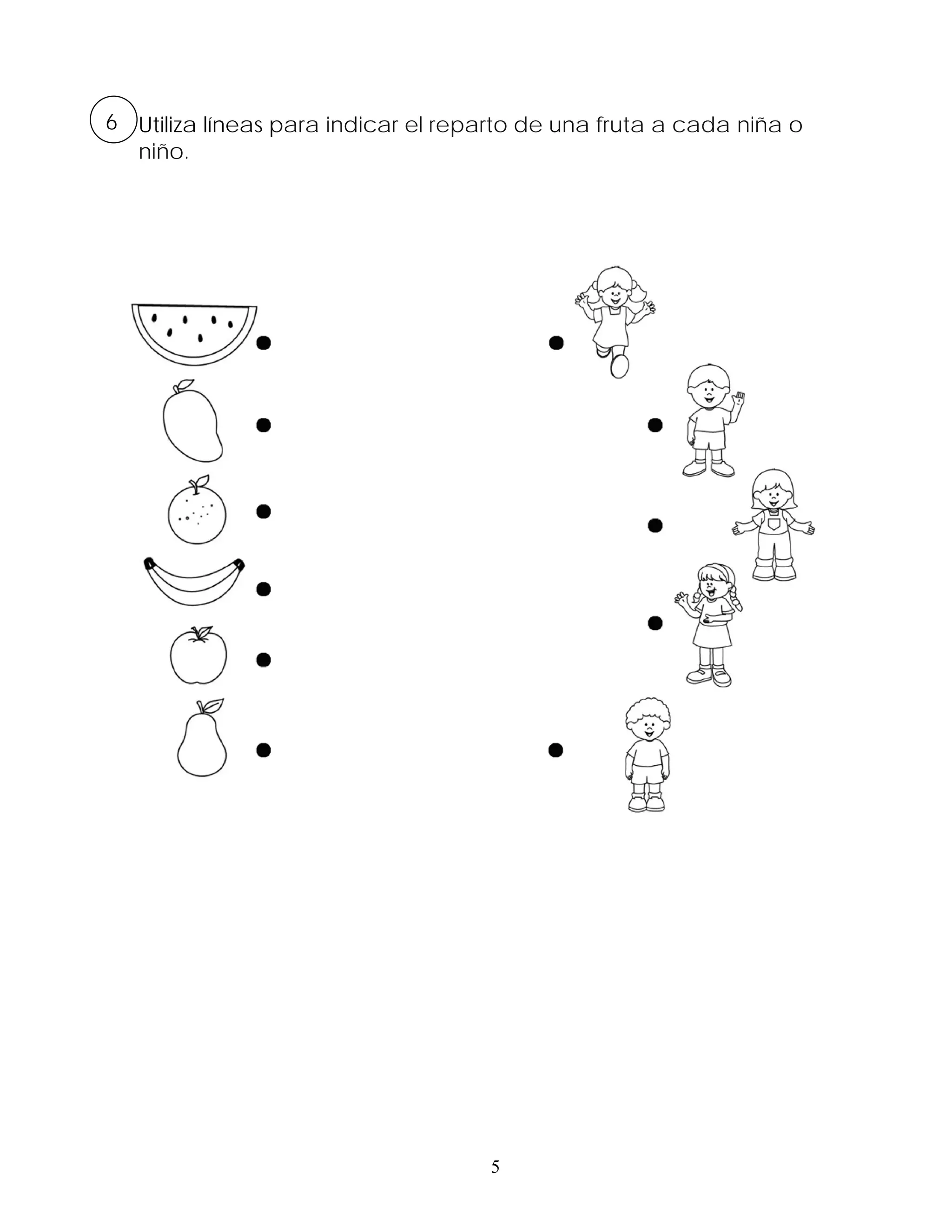 6 Utiliza líneas para indicar el reparto de una fruta a cada niña o
  niño.




                                     5
 