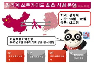 장가계 쓰루가이드 최초 시범 운영
지역 : 장가계
기간 : 10월 ~ 12월
상품 : 다드림

11월 북경 지역 진행
2013년 1월 쓰루가이드 상품 정식 런칭

01
중국 상품의 새로
운
패러다임 시도

02
상품 서비스 개선

03
중국 상품의 차별
화

04

현지 가이드
서비스 교육

 