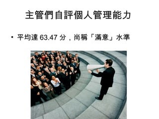 主管們自評個人管理能力
• 平均達 63.47 分，尚稱「滿意」水準

 