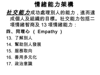 情緒能力架構

社交能力 成功處理別人的能力，進而達
成個人及組織的目標。社交能力包括二
項情緒智商及 13 項情緒能力：

四、同理心 （ Empathy ）
13. 了解別人
14. 幫助別人發展
15. 服務取向
16. 善用多元化
17. 政治意識

 