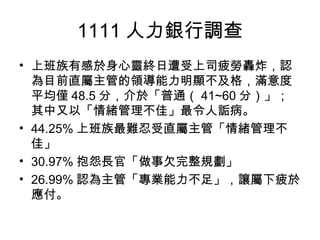 1111 人力銀行調查
• 上班族有感於身心靈終日遭受上司疲勞轟炸，認
為目前直屬主管的領導能力明顯不及格，滿意度
平均僅 48.5 分，介於「普通（ 41~60 分）」；
其中又以「情緒管理不佳」最令人詬病。
• 44.25% 上班族最難忍受直屬主管「情緒管理不
佳」
• 30.97% 抱怨長官「做事欠完整規劃」
• 26.99% 認為主管「專業能力不足」，讓屬下疲於
應付。

 