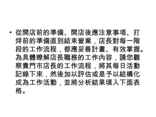 • 從開店前的準備、開店後應注意事項、打
烊前的準備直到結束營業，店長對每一階
段的工作流程，都應妥善計畫、有效掌握。
為具體瞭解店長職務的工作內容，請您觀
察貴門市店長的工作流程，將其每日活動
記錄下來，然後加以評估或是予以結構化
成為工作活動，並將分析結果填入下面表
格。
 