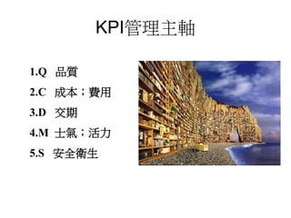 KPI管理主軸
1.Q 品質
2.C 成本；費用
3.D 交期
4.M 士氣；活力
5.S 安全衛生
 