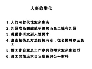 人事的變化
1. 人的可替代性愈來愈高
2. 知識成為關鍵競爭優勢而員工擁有知識
3. 從動作研究到人性需求
4. 生產技術及方法的擁有者，從老闆轉移至員
工
5. 對工作自主及工作參與的需求愈來愈強烈
6. 員工開始追求自我成長與公平對待
 