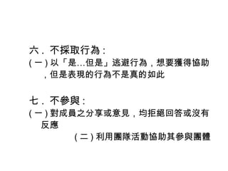 六 . 不採取行為 :
( 一 ) 以「是…但是」逃避行為，想要獲得協助
，但是表現的行為不是真的如此
七 . 不參與 :
( 一 ) 對成員之分享或意見，均拒絕回答或沒有
反應
( 二 ) 利用團隊活動協助其參與團體
 