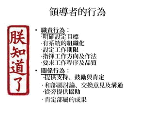 領導者的行為
• 職責行為：
明確設定‧ 目標
有系統的‧ 組織化
設定工作‧ 期限
指揮工作‧ 方向及作法
要求工作程序及‧ 品質
• 關係行為：
提供‧ 支持、鼓勵與肯定
‧ 和部屬討論、交換意見及溝通
從旁提供‧ 協助
‧ 肯定部屬的成果
 