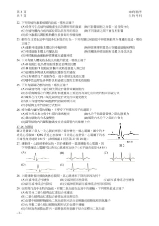 第 3 頁 103年指考
共 7 頁 生 物 考 科
- 3 -
22. 下列與植物激素相關的敘述，哪些正確？
(A)受傷可引起植物細胞產生具防禦作用的激素 (B)可影響細胞之分裂、延長與分化
(C)在植物體內合成的部位即為其作用的部位 (D)不同激素之間不會互相影響
(E)部分激素具調控植物體生長發育的多種效應
23. 動物在日常生活中有諸多反射性的行為，下列有關反射路徑中神經衝動單向傳遞的敘述，哪些
正確？
(A)運動神經細胞本體位於中樞神經 (B)神經傳導物質是由突觸前細胞所釋放
(C)神經細胞本體上有蘭氏結 (D)突觸後神經細胞有受體以接受訊息
(E)神經衝動由運動神經傳遞至感覺神經
24. 下列有關人體免疫系統及功能的敘述，哪些正確？
(A) B 細胞分化為漿細胞後製造並釋放抗體
(B) B 細胞和 T 細胞在骨髓中成熟後會進入淋巴結
(C)組織胺參與發炎和過敏反應發生的過程
(D)沒有輔助性 T 細胞存在，就不會發生免疫反應
(E)嗜中性血球是參與發炎和過敏反應的主要免疫細胞
25. 下列有關碳反應的敘述，哪些正確？
(A)四碳植物將二氧化碳先固定於維管束鞘細胞內
(B)水稻與鳳梨在台灣長得好和產量高主要是因為演化出有效的相同固碳方式
(C)鳳梨在白天將二氧化碳固定於液泡內以避免散失
(D)景天科植物與四碳植物的固碳時間不同
(E)水稻與玉米的固碳方式相同
26. 植物體內礦物質的運輸，主要受下列哪些因子的調節？
(A)植物根部表皮與中柱間的滲透壓差 (B)水分子與篩管管壁之間的附著力
(C)葉肉細胞的含水量變化 (D)導管內水分子之間的內聚力
(E)篩管細胞內的葡萄糖濃度差造成篩管內的膨壓上升
27-28 為題組
圖 2 是量測正常人一次心跳時所得之電位變化，稱心電圖，圖中的 P
波是心房收縮，QRS 波是心室收縮，T 波是心室舒張，心電圖下的水
平線長度是時間 0.8 秒。試根據圖 2 回答第 27 與 28 題：
27. 運動時，心跳速率會加快，若於運動時，量測運動者心電圖，則
下列哪幾組心電圖可以表示心跳速率加快？（水平線長度是 0.8 秒）
28. 上題運動者於運動後休息期間，其心跳速率下降的原因為何？
(A)交感神經活性增強 (B)交感神經活性降低 (C)副交感神經活性增強
(D)副交感神經活性降低 (E)交感神經與副交感神經活性同時降低
29. 依照現行高中生物的論述，有關二氧化碳在血液中的運輸，下列哪些敘述正確？
(A)有部分二氧化碳與血紅素結合來運送
(B)二氧化碳與血紅素結合會使血液呈鮮紅色
(C)血漿中碳酸酐酶催化二氧化碳與水結合並解離成碳酸氫根與氫離子
(D)大多數二氧化碳以碳酸氫根形式於血漿中運輸
(E)在肺泡表面微血管內，碳酸氫根與氫離子結合並釋出二氧化碳
(A) (B)
(D) (E)
(C)
圖 2
P
Q S
R
T
0.8 秒
 