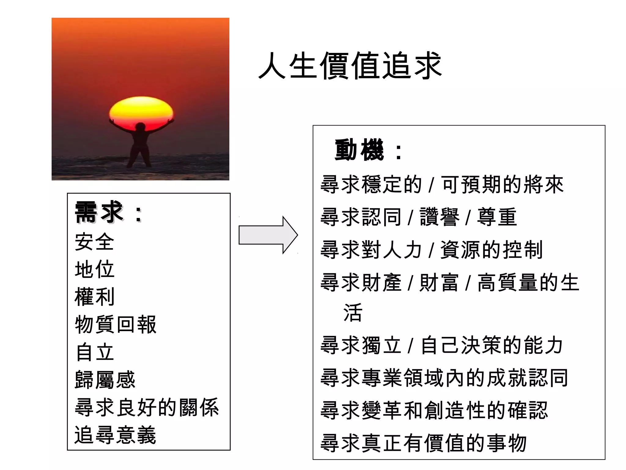 人生價值追求
需求：需求：
安全
地位
權利
物質回報
自立
歸屬感
尋求良好的關係
追尋意義
動機：
尋求穩定的 / 可預期的將來
尋求認同 / 讚譽 / 尊重
尋求對人力 / 資源的控制
尋求財產 / 財富 / 高質量的生
活
尋求獨立 / 自己決策的能力
尋求專業領域內的成就認同
尋求變革和創造性的確認
尋求真正有價值的事物
 