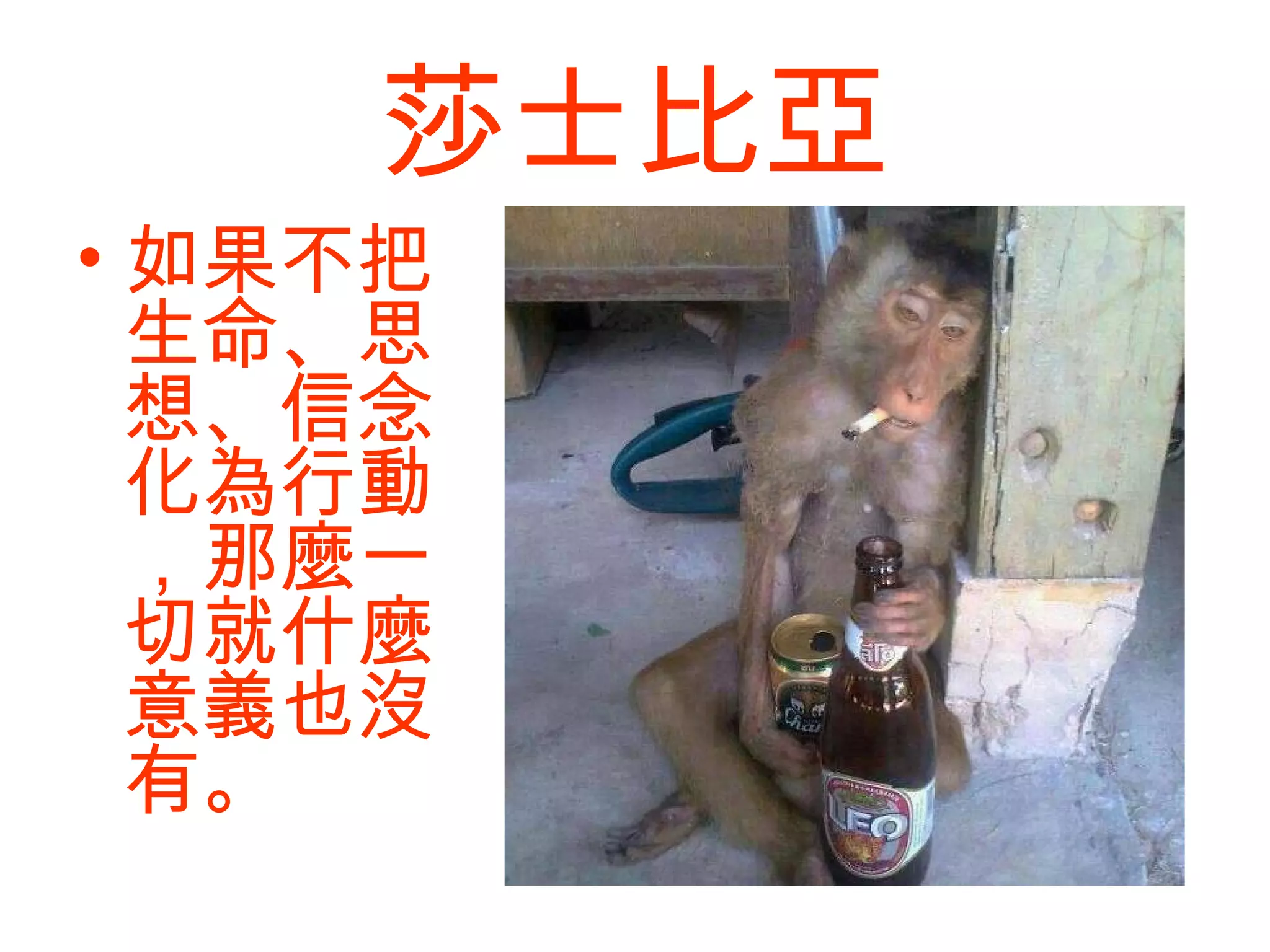 莎士比亞
• 如果不把
生命、思
想、信念
化為行動
，那麼一
切就什麼
意義也沒
有。
 