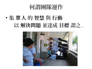 何謂團隊運作
• 集 人眾 的 智慧 與 行動
以 解決問題 並達成 目標 謂之 .
 