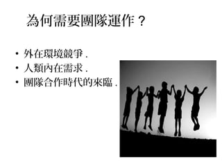 為何需要團隊運作 ?
• 外在環境競爭 .
• 人類內在需求 .
• 團隊合作時代的來臨 .
 