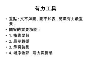有力工具
• 重點 : 文不如圖 , 圖不如表 , 簡潔有力最重
要 .
• 圖案的重要功能：
• 1. 摘錄要旨
• 2. 展示數據
• 3. 承現論點
• 4. 增添色彩 , 活力與動感
 